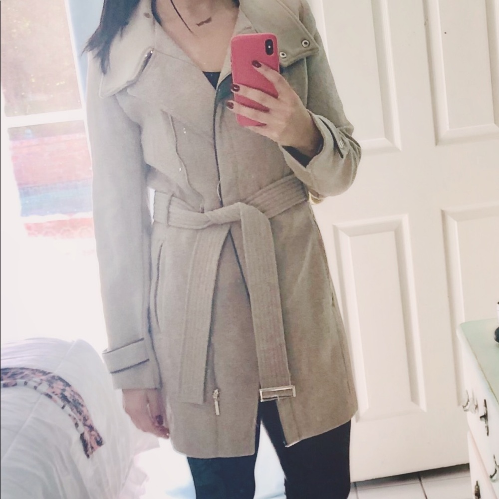 Calvin Klein Wool Blend Faux Leather Trim Coat